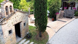Edificio de piedra con una pequeña entrada y un campanario, rodeado de vegetación y un área pavimentada con escalones que conducen a una puerta.