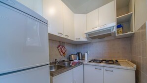 A compact kitchen with white cabinets, a stainless steel sink, a gas stove, and a built-in oven. - Apartments Filipovic - One Bedroom Apartment With Terrace and Sea View (Mljet)