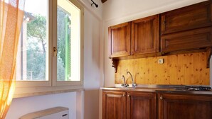 A kitchen with wooden cabinets, a window with a view of greenery, and a white radiator. - Mansion Stay With Scenic Views (Siena)