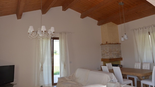 A spacious living area with a wooden ceiling, a dining table with chairs, a sofa, and a television.