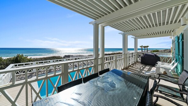 A covered outdoor area with a view of the beach and ocean. - Stunning Gulf Front! Private Pool & Beach Access | Inquire for Specials! (Miramar Beach)
