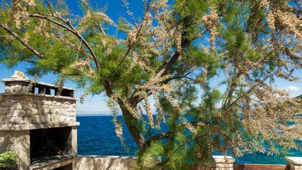 A stone-built outdoor area with a grill, a view of the sea, and a wooden fence. - Holiday Home Luna - Two Bedroom Holiday Home With Sea View (Korcula)