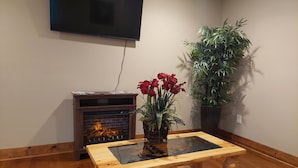 A wooden coffee table with a glass top, a fireplace with a digital display, and a potted plant. - Cozy ski  retreat, close to Appalachian ski mountain in blowing rock and boone  (Blowing Rock)