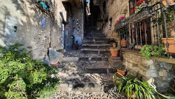 A narrow stone staircase in a historic building with potted plants and flowers on the sides. - Apartment by Lake Como With Scenic Views (Dervio)