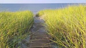 Une promenade en bois menant à l’océan, bordée d’herbes hautes.