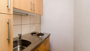 Een kleine keuken met houten kastjes, een roestvrijstalen spoelbak en twee elektrische kookplaten.