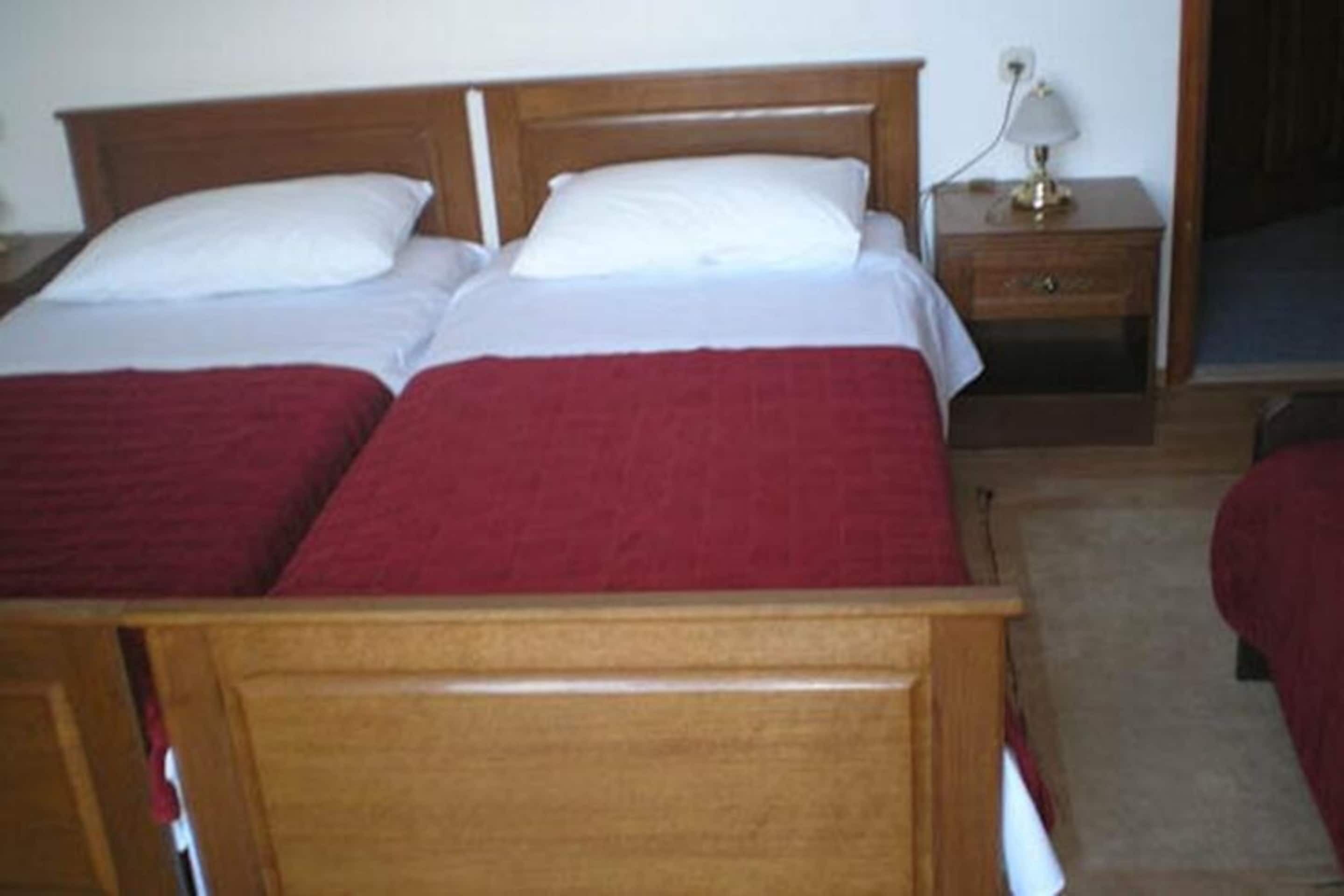 A double bed with a wooden headboard, a bedside table with a lamp, and a red blanket.