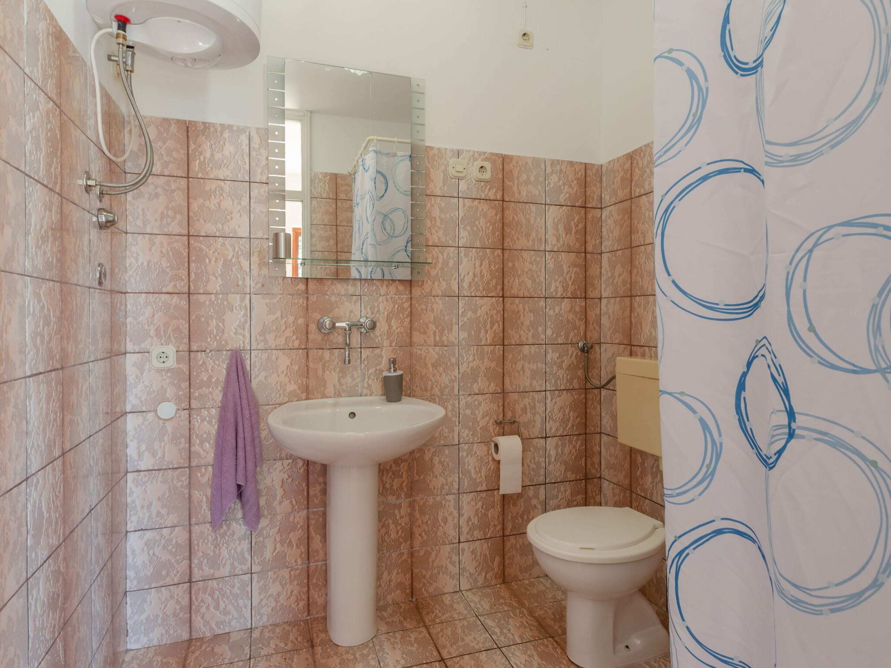 A bathroom with a pedestal sink, a toilet, a shower with a handheld showerhead, a glass shower enclosure, and a mirror above the sink.
