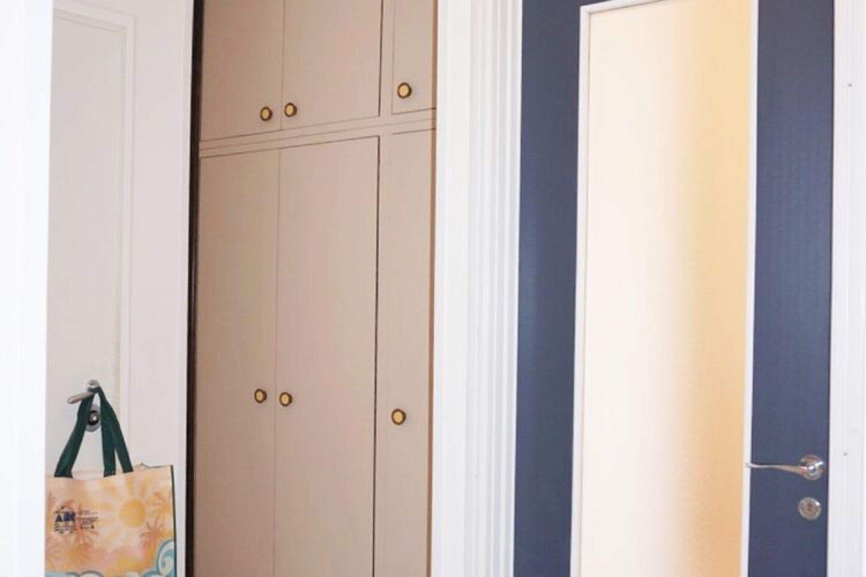 A room with a wardrobe, a door, and a bag.