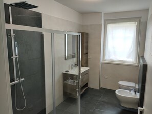 Shower, bidet, towels, toilet paper