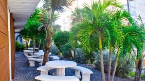 A courtyard with outdoor seating and palm trees. - Devon Shores- Standard King (Clearwater)