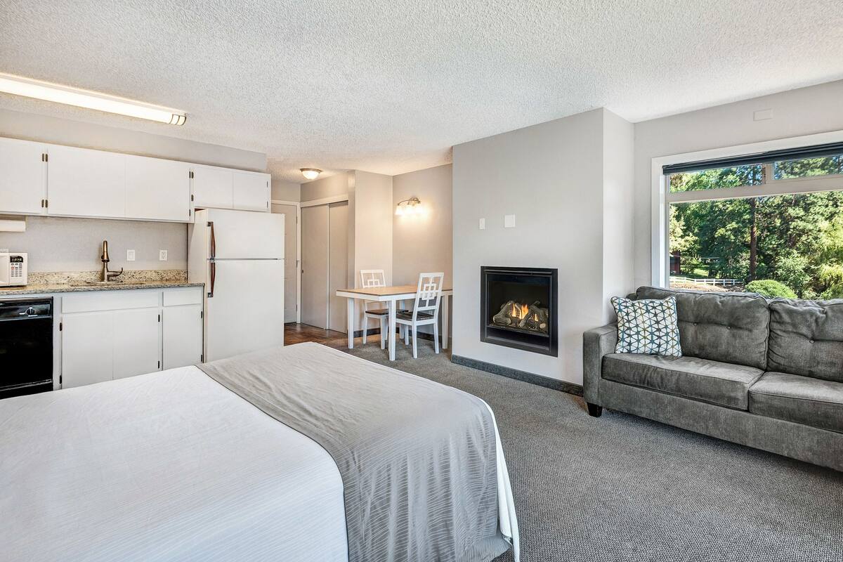 A modern bedroom with a bed, a fireplace, a sofa, and a dining area.