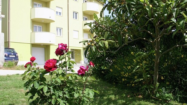 Um edifício de vários andares com varandas, rodeado por vegetação e um arbusto de rosas.
