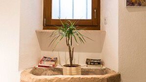 A potted plant in a corner with a window above it.