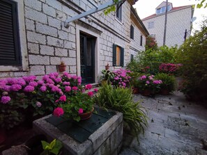 A stone building with a dark green door and shutters, surrounded by potted plants and flowers. - Apartments Sensa - Modern One-bedroom Apartment (Dubrovnik)