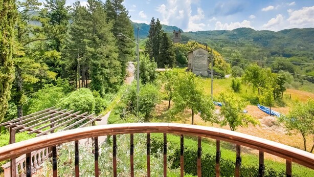 Une vue pittoresque depuis un balcon doté d’une balustrade en bois, donnant sur un paysage verdoyant et luxuriant, avec des arbres, un petit bâtiment et des collines au loin.