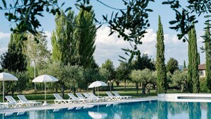 Un área de piscina con sillones de descanso y sombrillas, rodeada de árboles y un cielo despejado.