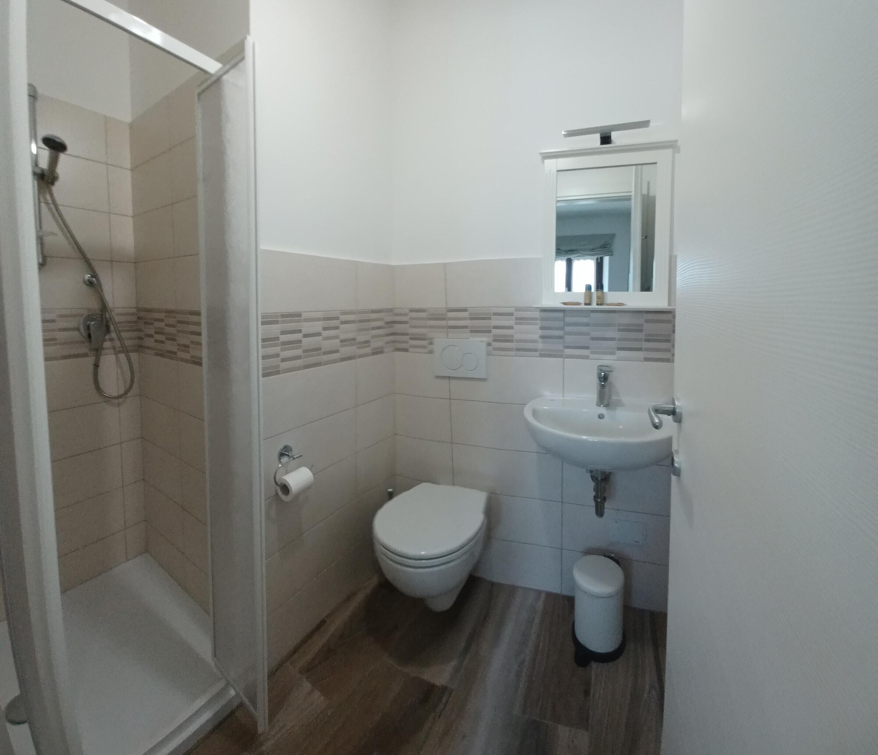 A bathroom with a shower, toilet, sink, and a mirror.