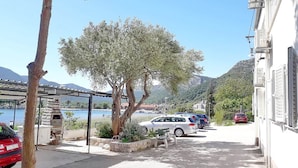 Un estacionamiento con una fila de coches aparcados, un árbol y un edificio de fachada blanca.
