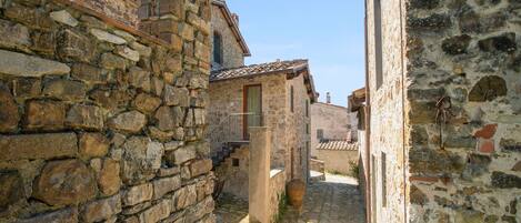 A narrow stone alleyway between buildings with a cobblestone path.