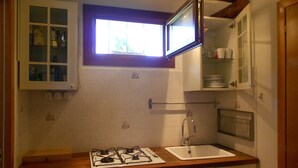 Cocina compacta con estufa a gas, lavamanos y armarios.