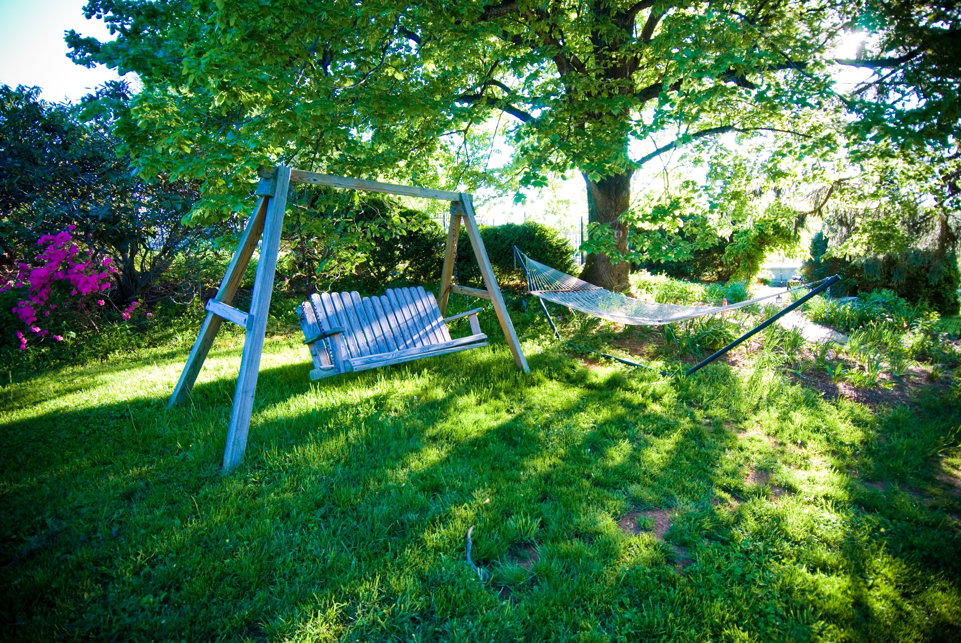 Un hamac et une balançoire dans un jardin luxuriant, avec de l’herbe verte et des arbres.