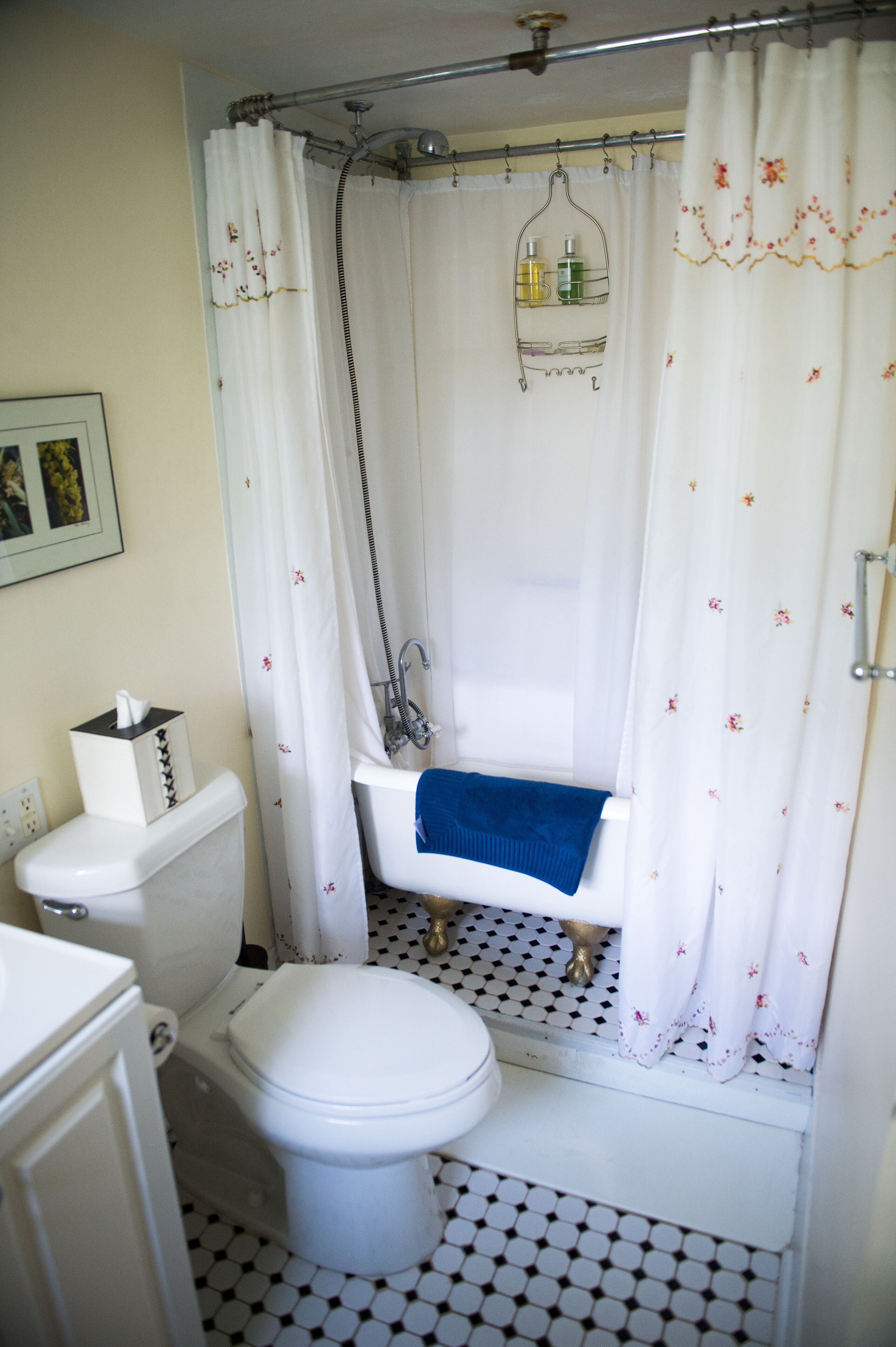 Een badkamer met toilet, bad en douchegordijn.