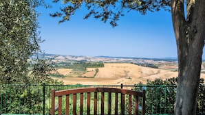 A bench with a view of rolling hills and a tree in the foreground. - Farmhouse in Castelfiorentino With Pool (Castelfiorentino)