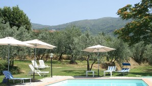 Una piscina con sillas de descanso y sombrillas, rodeada de árboles y colinas.