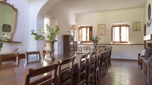 Uma sala de jantar com uma longa mesa de madeira, várias cadeiras e plantas em vasos.