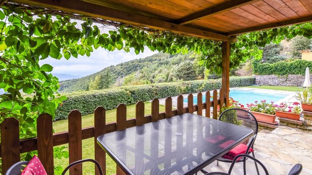 Portico coperto con tavolo e sedie, con vista su una piscina e un giardino curato.