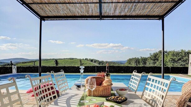 An outdoor dining area with a pool, white chairs, a table with food and drinks, and a view of the landscape. - Villa in Chianti With Pool & Tennis Court (Gaiole in Chianti)