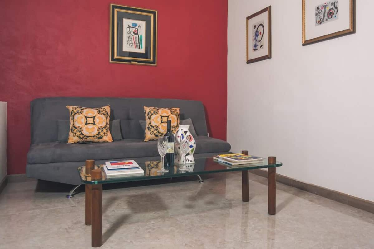 Un salon avec un canapé gris, deux coussins à motifs, une table basse en verre ornée de livres et d’un vase, et des œuvres d’art encadrées accrochées au mur rouge.