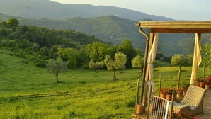 Eine hölzerne Pergola mit einem Stuhl und Topfpflanzen, mit Blick auf ein saftig grünes Feld mit Bäumen und fernen Bergen.