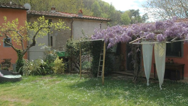 A garden with a pergola covered in purple flowers, a stone building, and a tree. - Belvilla by OYO Casaruscello (San Giuliano Terme)
