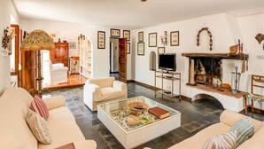 A spacious living room with a fireplace, a coffee table with decorative items, and a television on a stand. - Tuscany Villa With Terrace (Orbetello)