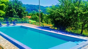 A rectangular swimming pool with a stone border, surrounded by greenery and a clear sky. - Holiday Home With Pool in Camporgiano (Camporgiano)