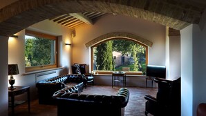 Un accogliente soggiorno con soffitto in pietra, divani in pelle e vista sul verde.