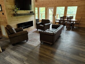 Smart TV, chimenea, reproductor de DVD y libros 