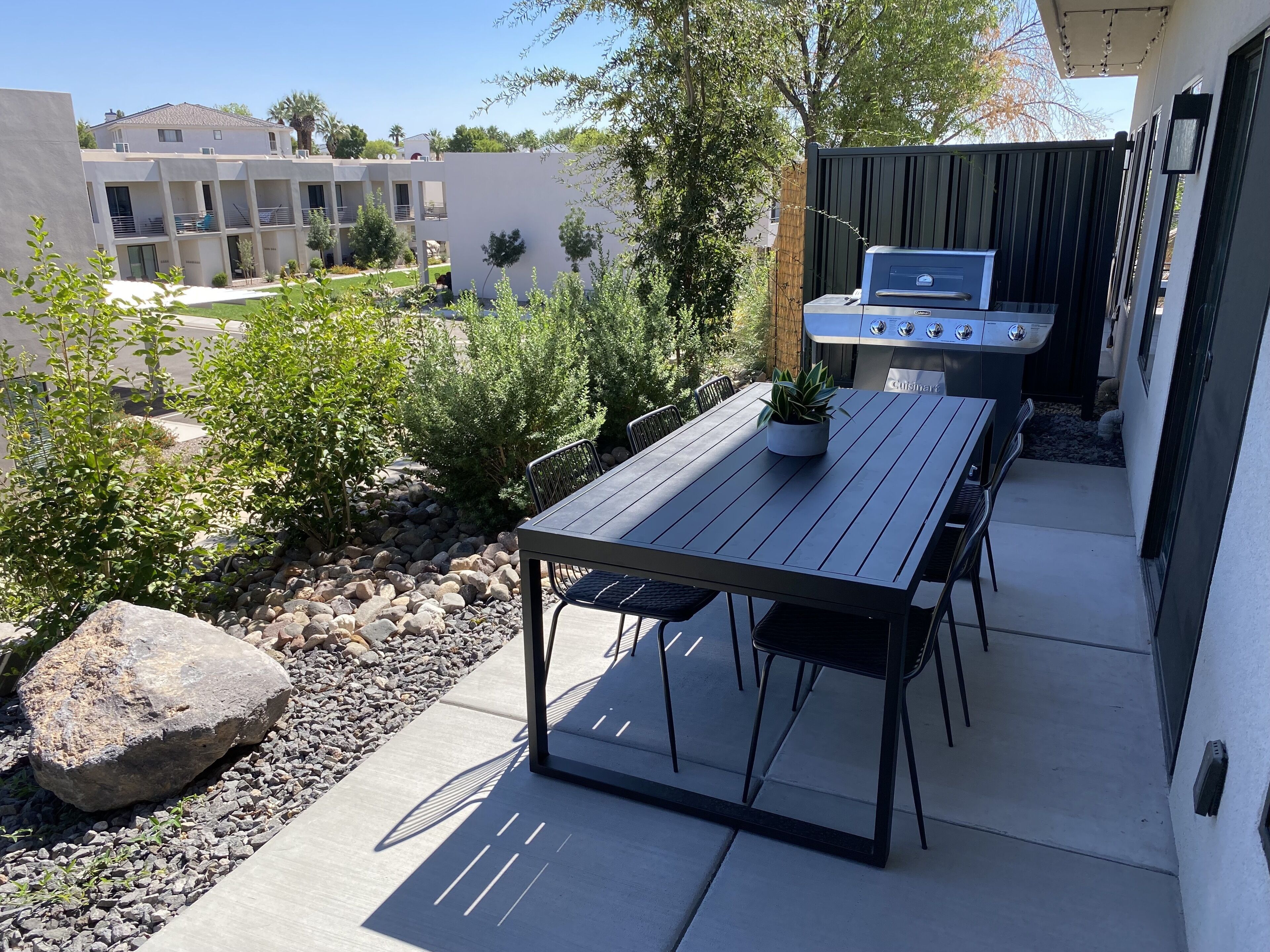 Une terrasse avec une table et des chaises, un barbecue et une plante en pot.