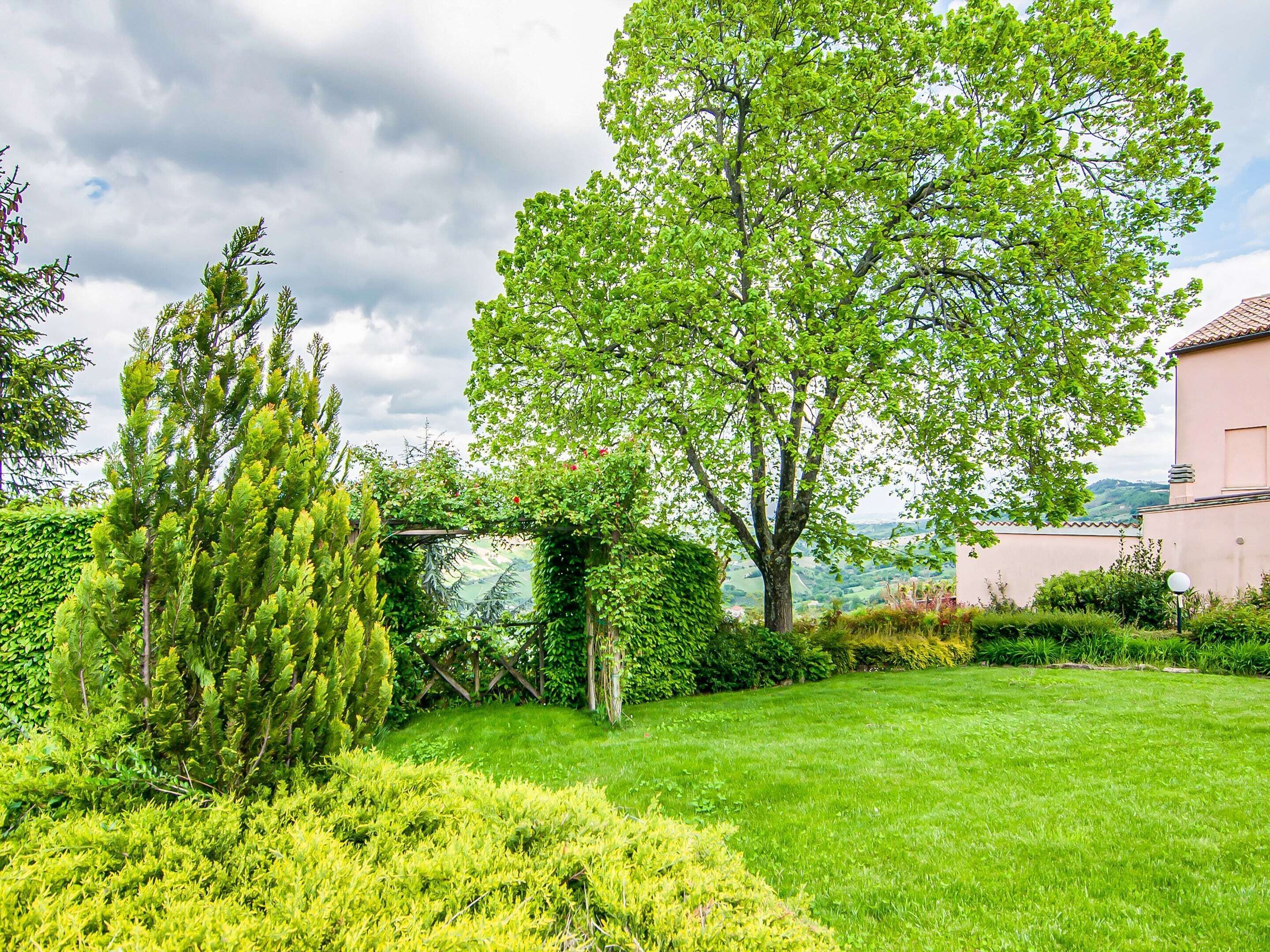 A well-maintained garden with a variety of trees, a pergola, and a clear view of the surrounding landscape.