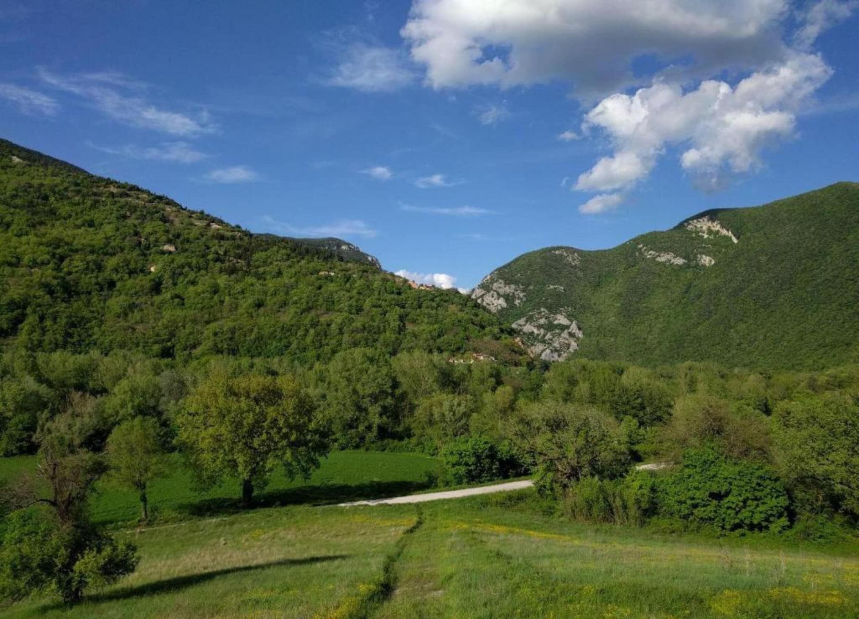 A mountainous landscape with lush greenery and a clear sky.