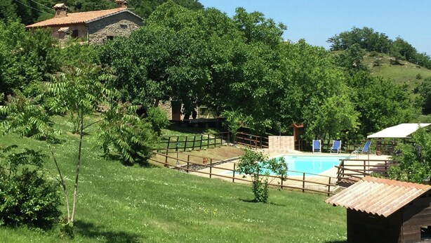 A rustic stone house with a tiled roof, surrounded by lush greenery and a swimming pool. - Farmhouse in Apecchio With Pool & Spa (Apecchio)