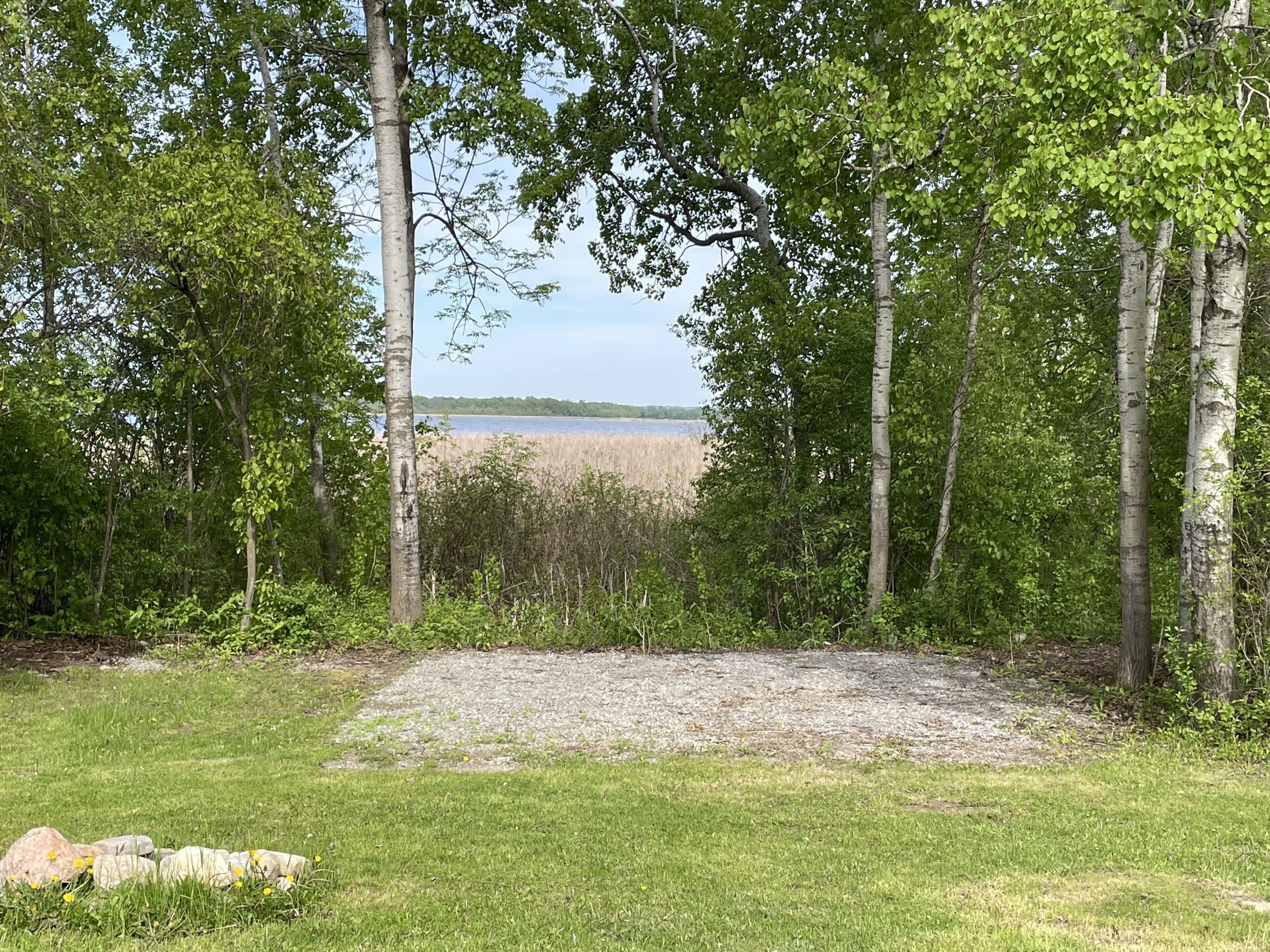 En naturskön miljö med en grusgång, träd och utsikt över en sjö.