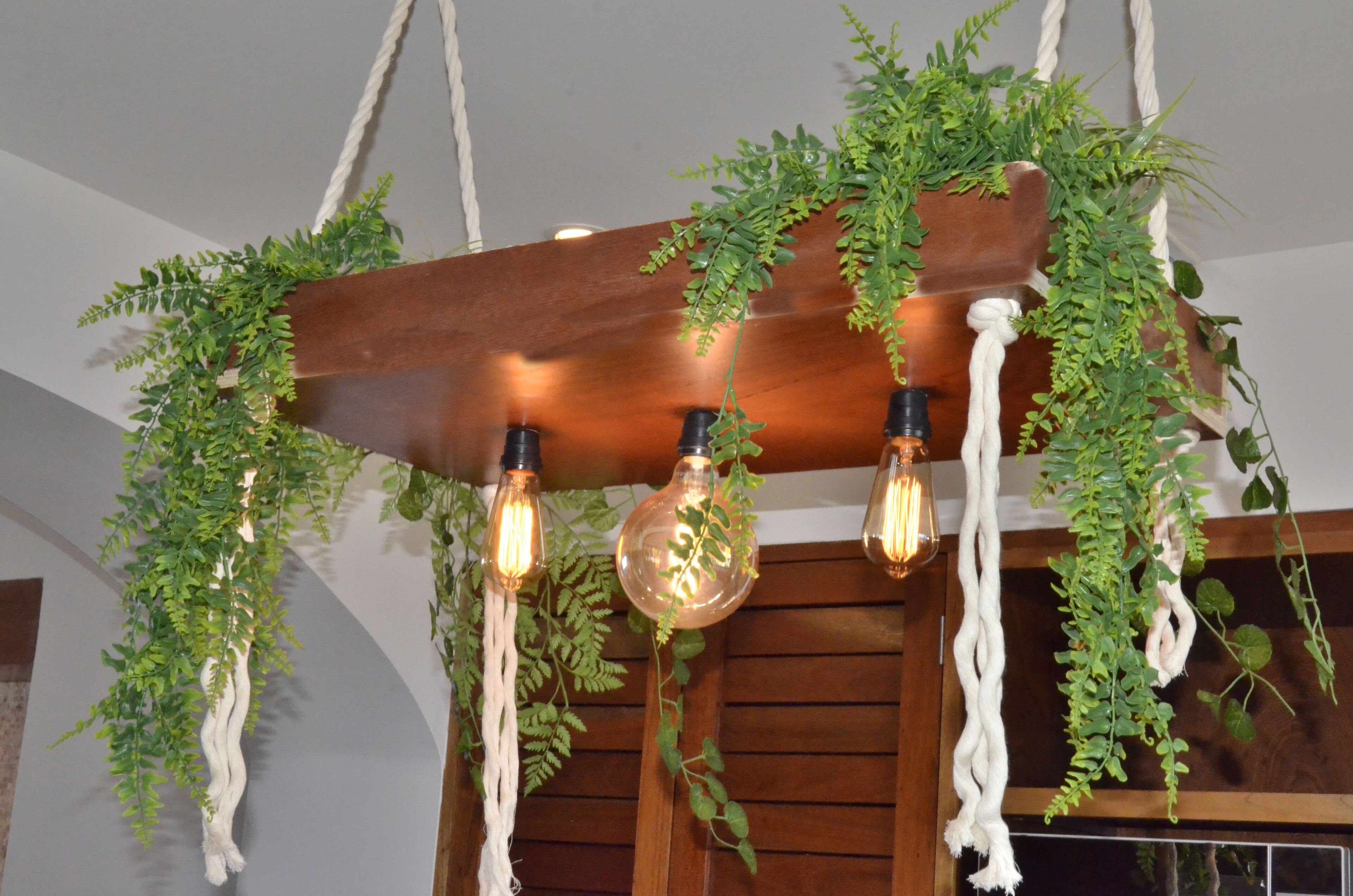 A wooden ceiling with three exposed light bulbs and hanging greenery.