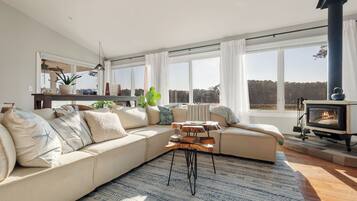 TV connectée, cheminée, baby-foot, livres