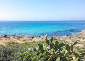A coastal landscape with a clear view of the sea, rocky terrain, and some vegetation.