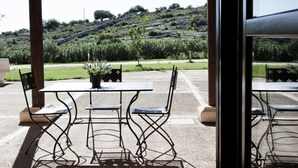 Eine Terrasse im Freien mit Metalltischen und -stühlen, einem Blumentopf und Blick auf eine hügelige Landschaft.