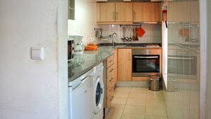 A compact kitchen with wooden cabinets, a washing machine, a sink, and a stove. - Estúdio vista rio Douro (Vila Nova de Gaia)
