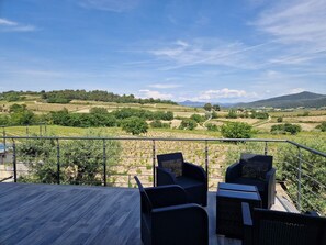 A terrace with wicker furniture overlooking a vineyard.